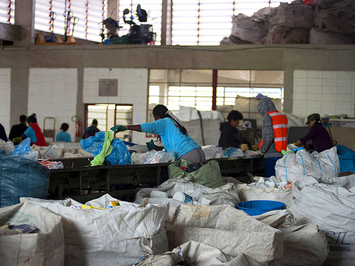 Foto do Instituto S.O.S. - Trabalhadores organizam recicláveis em um centro de reciclagem